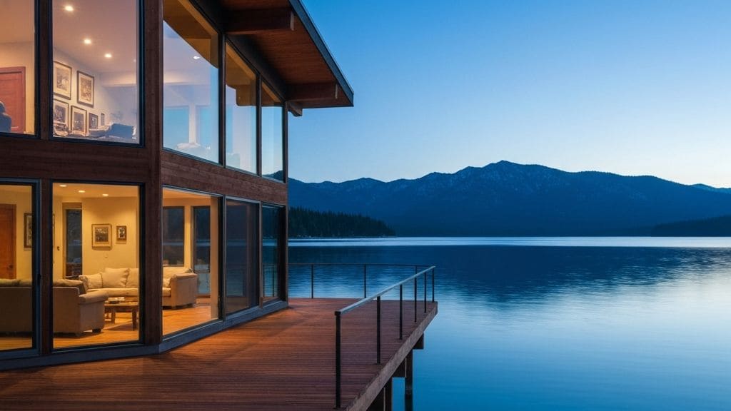Casa moderna junto al lago al atardecer, con las luces del porche encendidas