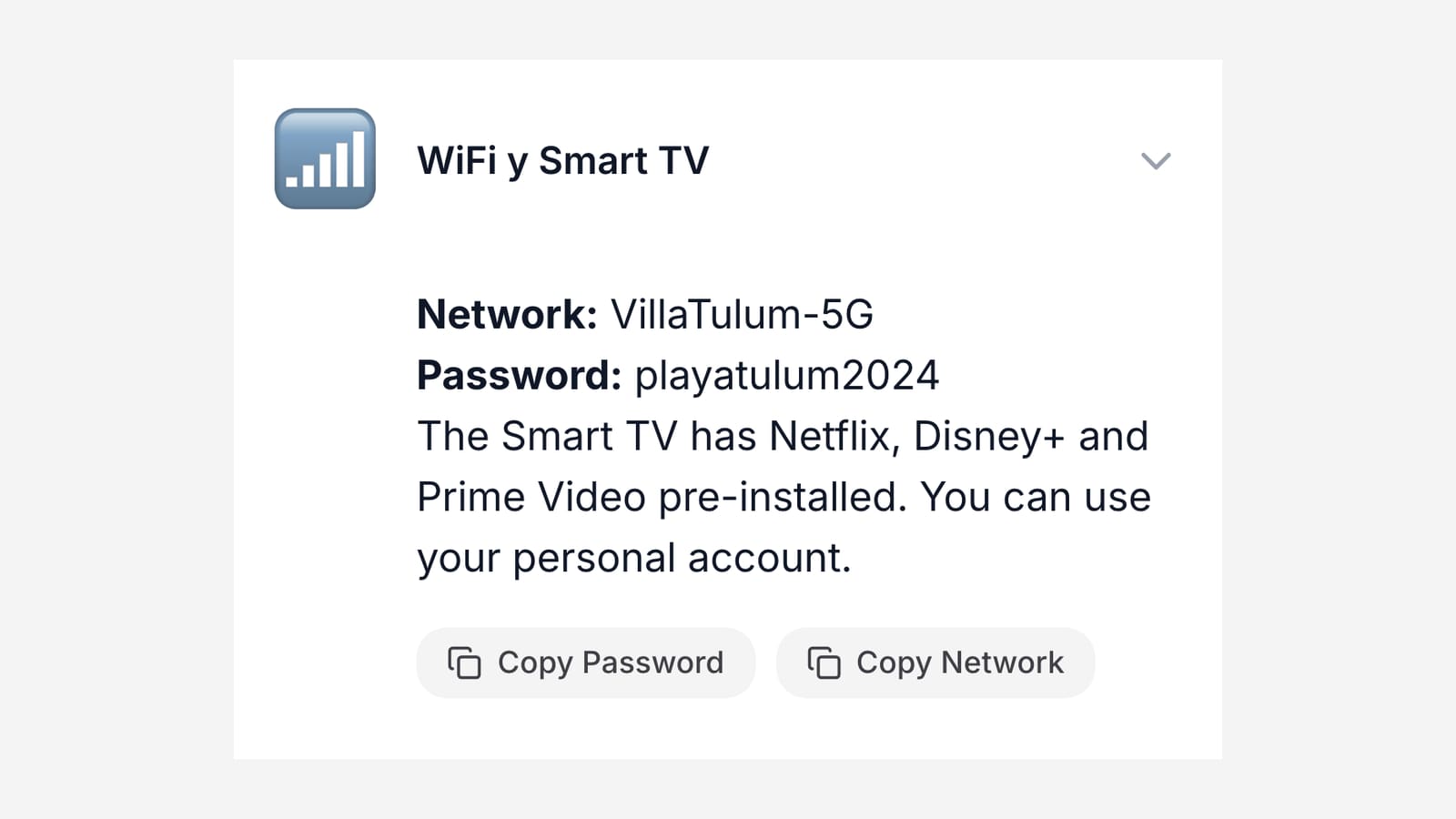 Una sección de wifi con la contraseña copiable desde el celular