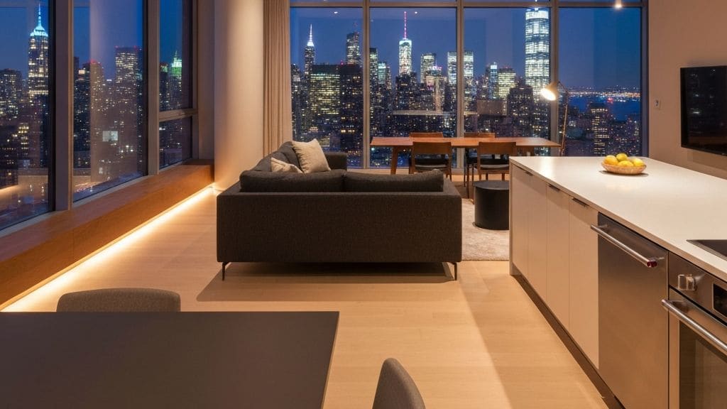 Salón de un loft urbano con cocina abierta y luz de tarde