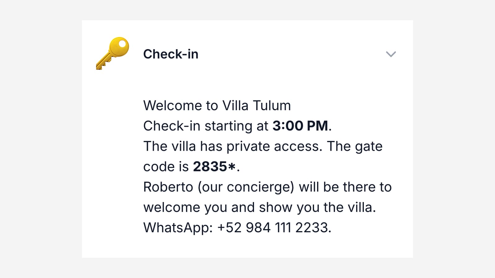 A guest guide open on a phone, showing the check-in section with the gate code and the arrival contact