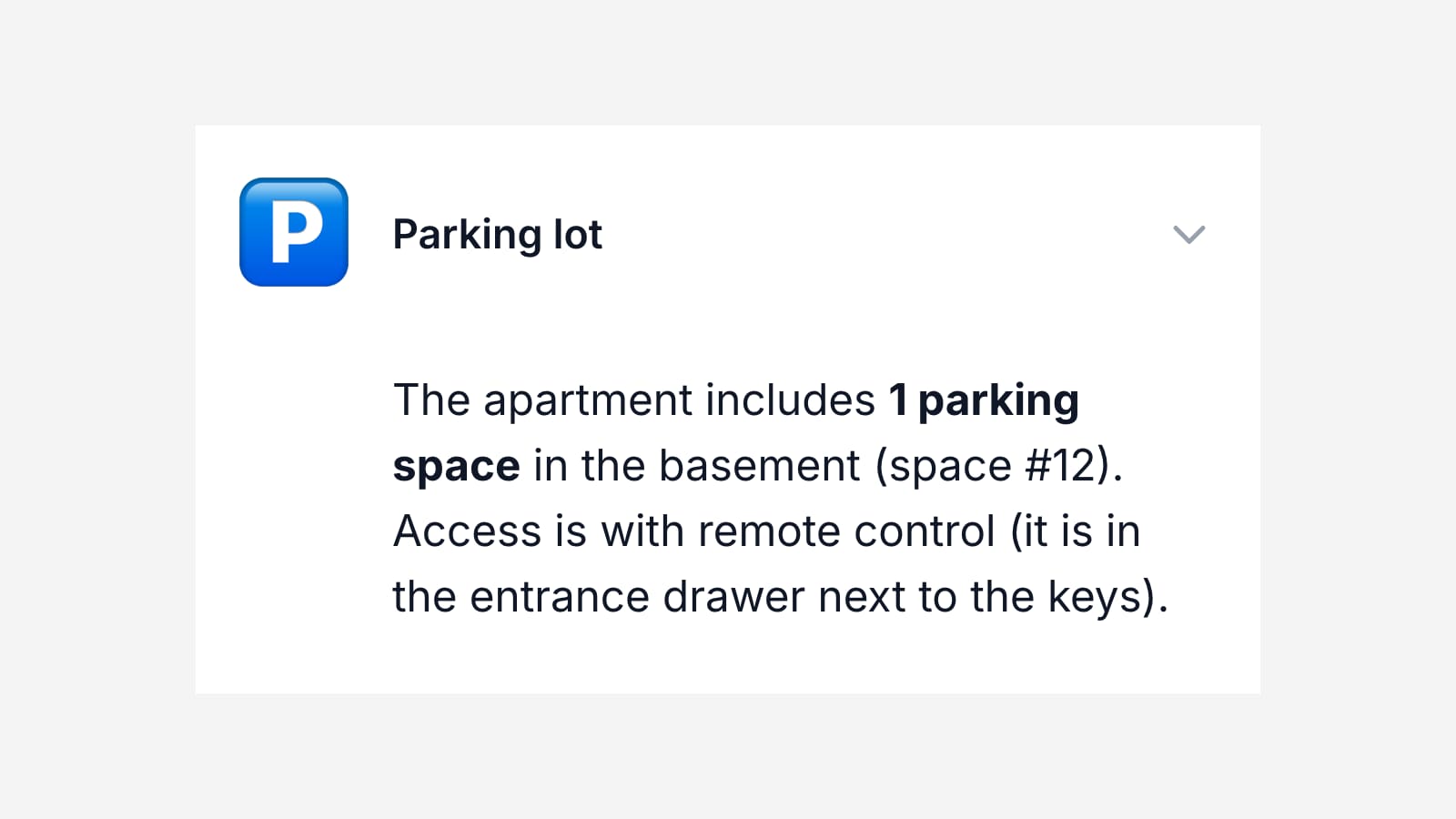 A parking section in a guest guide, giving the space number and the street rules
